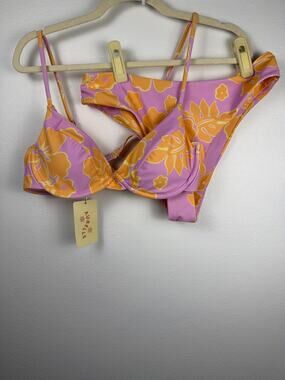 NWT Aurelle Kiva Swim Pink & Yellow Tropical Floral Bikini Set | Size Large